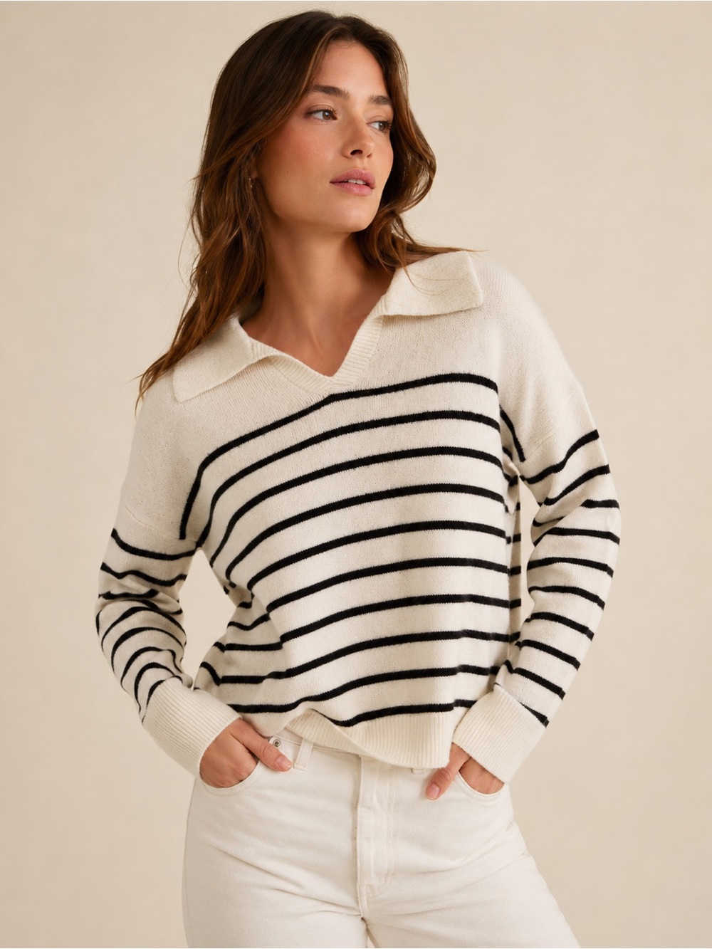 Old Navy Striped Collared Sweater Cream Black Knit Pullover Womens Large